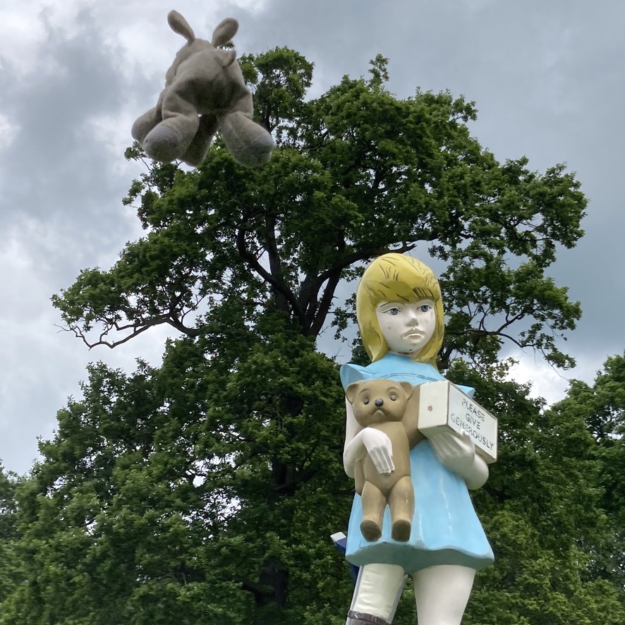 February on the calendar. Ronnie jumps for joy at Yorkshire Sculpture Park. Damien Hirst's 'Charity' (2002) on display near the recently opened Weston building, is recognisable as based on Scope collection boxes which were commonly seen on British high streets between the 1960s and 1970s. A young girl wearing a calliper forlornly cradles a teddy bear and a donations box which reads ‘please give generously’. The work questions historic and outdated ways of depicting disability and seeking charity.