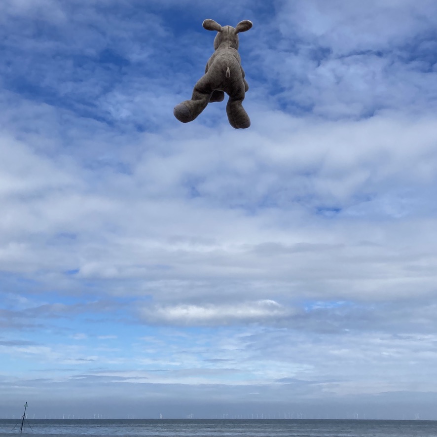 January on the calender. Ronnie jumps for joy at a beach on the North wales coast. The sky is blue with light cloud and he is jumping high.
