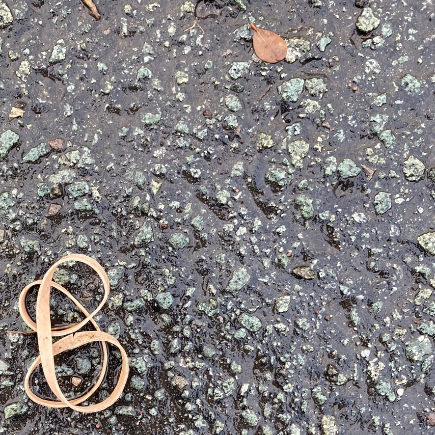 'Back to Back B'. A discarded elastic band on the ground makes the shape of two letter 'B's as if they are back to back.
